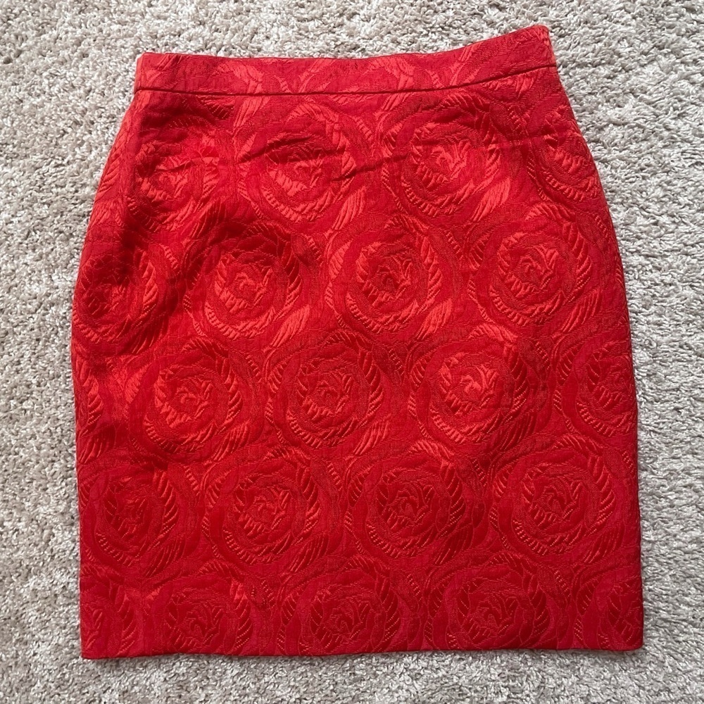 Vintage Escada Couture red floral pencilskirt classic Christmas luxury wool silk